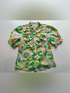 Rubienn Ruffle Blouse Small Colorful Abstract Print Puff Sleeve Cotton